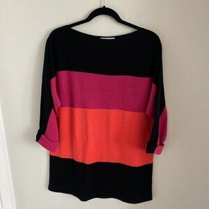 ITALIAN MERINO BLEND COLOR BLOCK WOMEN'S MULTI SWEATER PULLOVER 3/4 SLEEVES